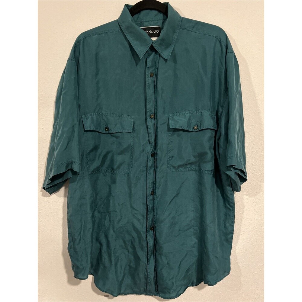 Vintage Substudio Silk Shirt Mens L Teal Green Button Up Short Sleeve‎ Pockets
